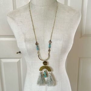 Lucky Brand grey tassel   Jasper long pendant arch necklace